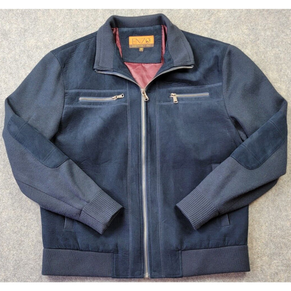 Enzo Tovare Other - Enzo Tovare Coat Mens Medium Blue Faux Suede Elbow Patches Bomber Jacket